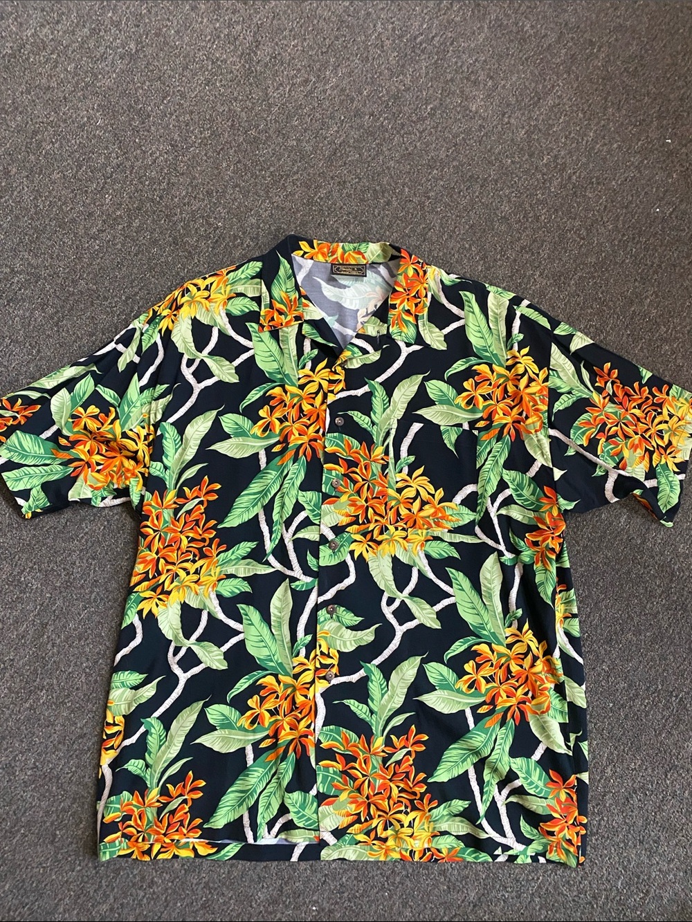 Men's Black Hawaiian Floral Button-Up Shirt - Orange & Green